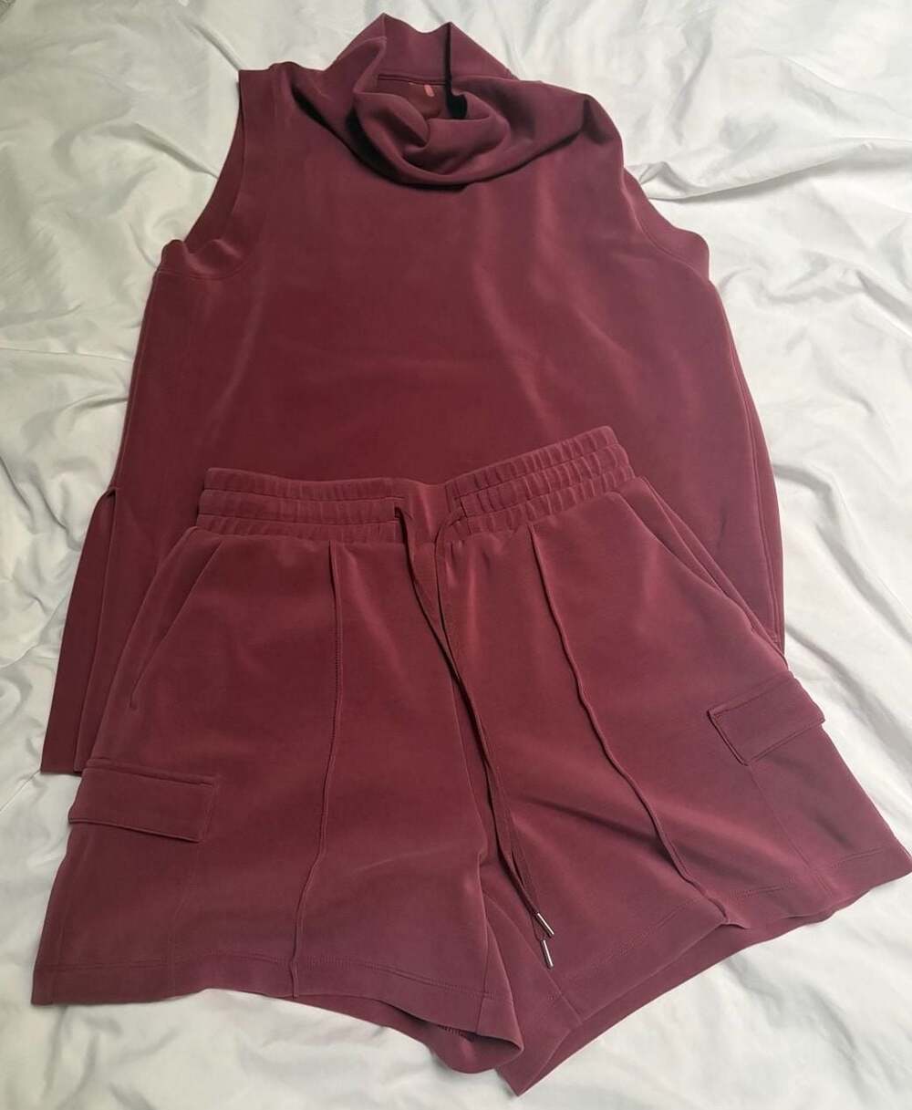 Calla Burgundy Cowl Neck Sleeveless Top and Cargo Shorts set S bottoms/M top